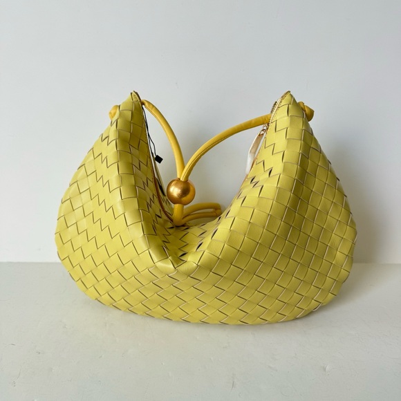 Yellow Intrecciato Woven Half Moon Leather Clutch Wristlet Top Handle Bag - Picture 3 of 16